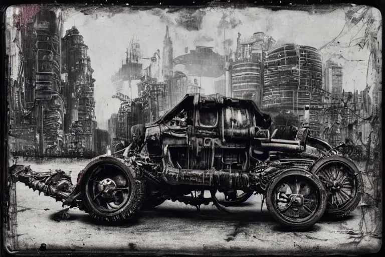 Prompt: cyberpunk 1 9 0 8 model ford t by paul lehr, jesper ejsing, metropolis, mad max, parked by view over city, vintage film photo, robotic, damaged photo, scratched photo, scanned in, old photobook, silent movie, black and white photo