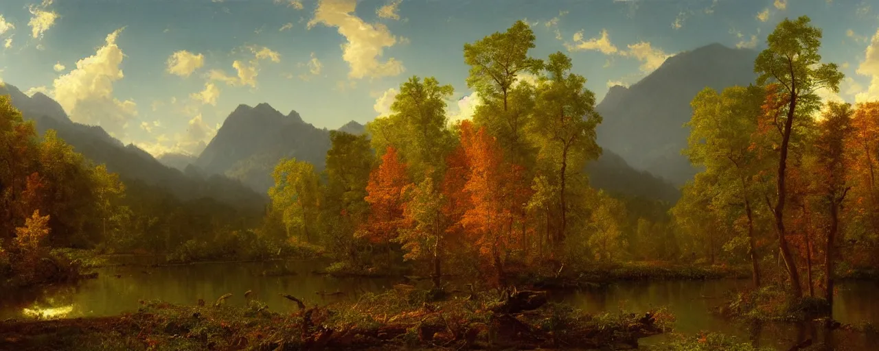 Prompt: beautiful forest scenery, distant mountains, river flowing through the verdant underbrush, distant clouds, cloud shadow, late autumn, painting by albert bierstadt and thomas cole