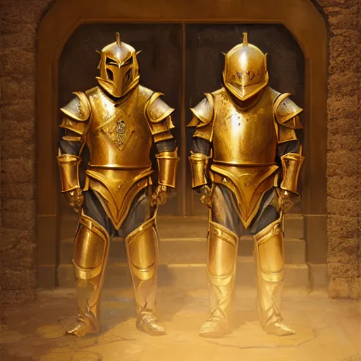 Prompt: 2 knights wearing gold armor guarding a door, artstation, volumetric lighting, exquisite detail, octane render, 8 k postprocessing, fantasy, medieval, highly detailed, art by greg rutkowski