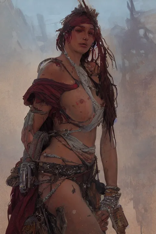 Image similar to a full body portrait of a beautiful post apocalyptic offworld treatment district bedouin blind pulp fiction scarlet wild rogue barbarian leper begging by the roadside, intricate, elegant, highly detailed, digital painting, artstation, concept art, smooth, sharp focus, illustration, art by krenz cushart and artem demura and alphonse mucha