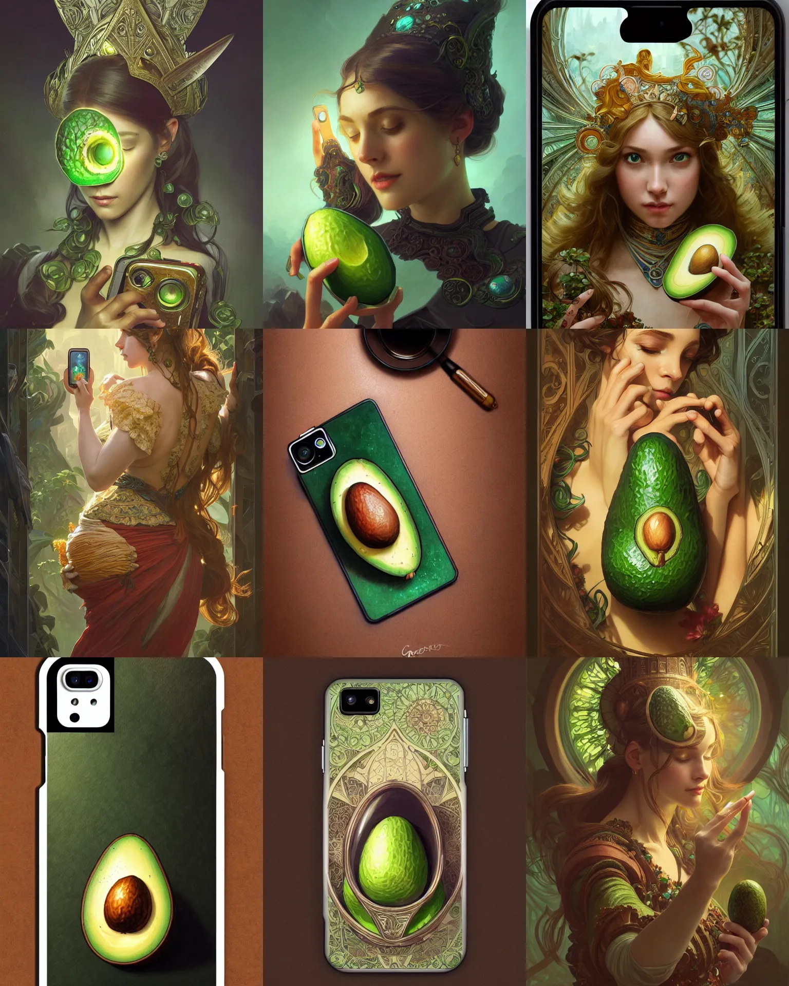 Prompt: photography of a smartphone with an avocado themed case, deep focus, d & d, fantasy, intricate, elegant, highly detailed, digital painting, artstation, concept art, matte, sharp focus, illustration, hearthstone, art by artgerm and greg rutkowski and alphonse mucha