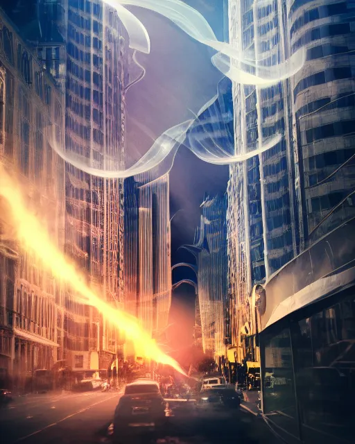 Prompt: complex two cityscape colliding merging folding and overlaying in inception mirror dimension style cinematic hd photo smoke cloud lens flare godray mcu Nolan Leica Zeiss film trending on Flickr artstation