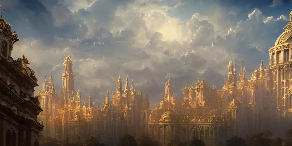 Image similar to a rococo palace in sky, with a gigantic futuristic church, clouds and towers, fortress, morning, andreas rocha, artstation, matte painting