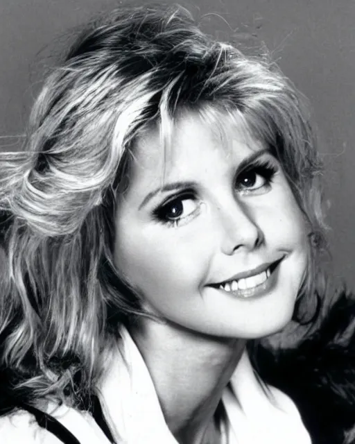 Prompt: Young Olivia Newton John in Heaven, photorealistic, beautiful, afterlife, ethereal