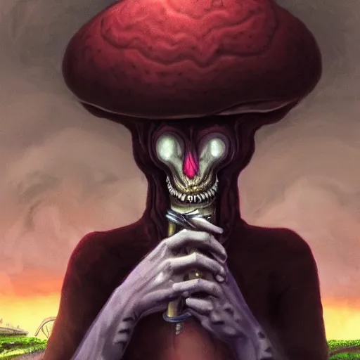 Image similar to A centered chest up portrait of a psychedelic demonic anthropomorphic snake smoking a hand-rolled cigarette smoking heavily , magic mushroom village in background , award winning. superb resolution. in the art style of junji Ito and greg rutkowski . Detailed Mushroom city in background. Hyper realistic anime. Perfect art. Dalle2