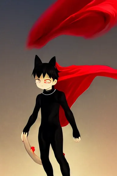 Image similar to little boy with cat ears in an black outfit with red cape. digital artwork made by lois van baarle and kentaro miura and marc simonetti, sharpness focus, inspired by hirohiko araki, anatomically correct, heroic composition, hero pose, smooth, concept art