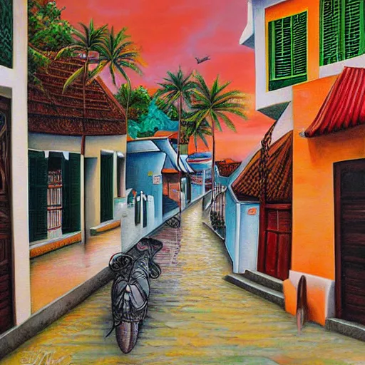 Image similar to surrealism painting of phuket old town