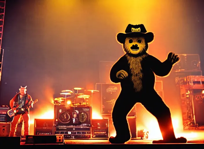 Prompt: publicity photo still of smokey the bear on tour with korn live on stage, 8 k, live concert lighting, mid shot