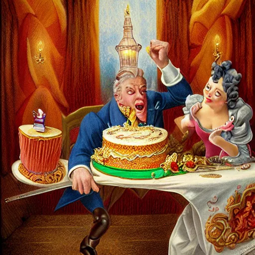 Image similar to lawyer eating a big birthday cake in a courtroom, realistic, regal, refined, detailed digital art, michael cheval, walt disney ( 1 9 3 7 ), francois boucher, oil painting, steampunk, highly detailed, cinematic lighting, unreal engine, 8 k