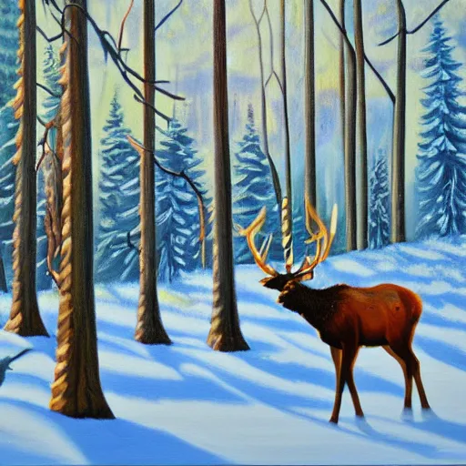 Prompt: oil on canvas painting, winter forest, elk, spruce trees