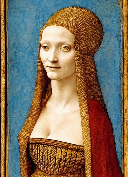 Image similar to portrait of young woman in medieval dress and medieval headdress, blue eyes and blond hair, style by the leonardo da vinci