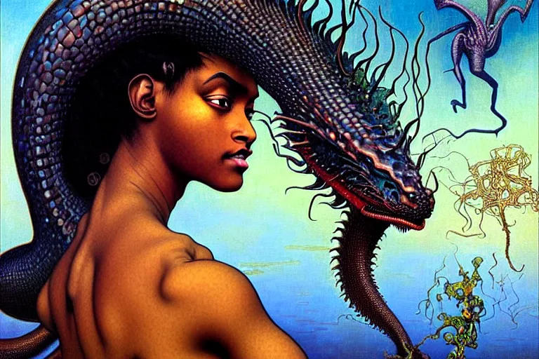 Image similar to realistic extremely detailed closeup portrait painting of a beautiful black woman, mutant dragon and a single old house on background by Jean Delville, Amano, Yves Tanguy, Alphonse Mucha, Ernst Haeckel, Edward Robert Hughes, Roger Dean, rich moody colours