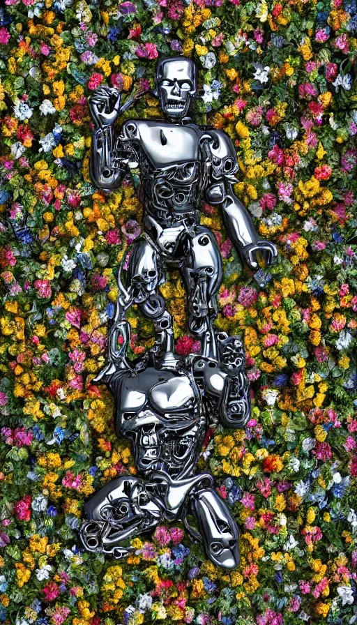 Image similar to destroyed terminator lying in a field of flowers, twisted metal, chrome, reflections, anthropomorphic, photorealism, smoke, metal, 8 k, surreal, wires, smooth, sharp focus, top view, extremely detailed, hyperrealism, elegant, establishing shot, by jeff koons, artgerm and greg rutkowski