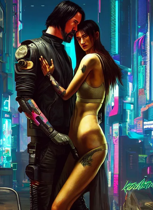 Prompt: a cyberpunk 2077 srcreenshot couple portrait of Keanu Reeves & female android in final kiss,love,film lighting,by Laurie Greasley,Lawrence Alma-Tadema,Dan Mumford,artstation,deviantart,FAN ART,full of color,Digital painting,face enhance,highly detailed,8K,octane,golden ratio,cinematic lighting
