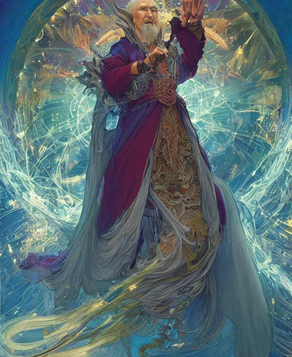 Prompt: a trading card of a wizard surrounded by a whirlwind of magical particles ushing inside the metaverse, half body, fantasy, intricate, elegant, highly detailed, colorful, vivid color, digital painting, artstation, concept art, art by artgerm and greg rutkowski and alphonse mucha and ruan jia