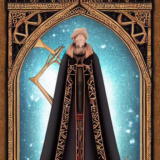 Image similar to man wearing an embroidered cloak and holding scales, tower, archway, gate, geometric, tarot card style, intricate, highly detailed, full color, detailed face, trending on artstation