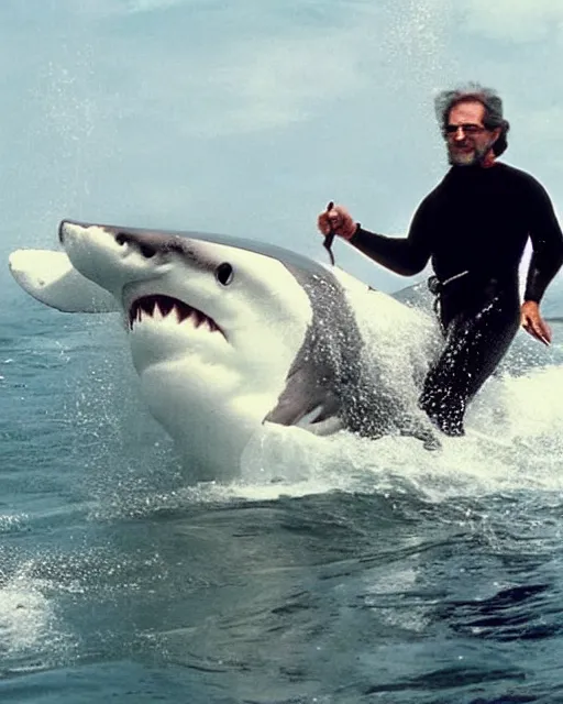Prompt: Steven Spielberg paddling on a Surfboard while a huge shark fin of a great white shark appears behind him