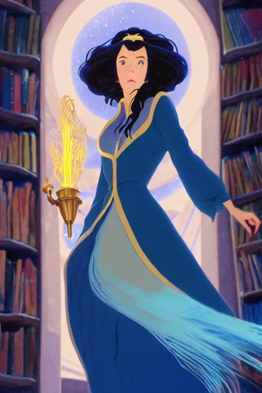 Prompt: animation still frame of an attractive female sorceress ( long dark hair ), gold and blue dress, casting a icy frost spell, high angle closeup portrait, blurry background of the library, disney, pixar, bbloom, medium shot, dramatic lighting, in the style of studio ghibli, j. c. leyendecker, greg rutkowski, artgerm