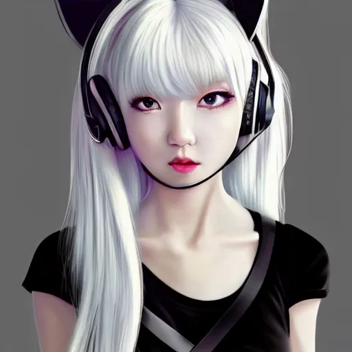 Image similar to realistic detailed semirealism beautiful gorgeous natural cute excited happy Blackpink Lalisa Manoban white hair white cat ears, wearing black camisole outfit, headphones, black leather choker artwork drawn full HD 4K high resolution quality artstyle professional artists WLOP, Aztodio, Taejune Kim, Guweiz, Pixiv, Instagram, Artstation