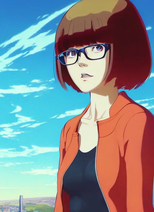 Image similar to Painting of grown-up Velma Dinkley in the style of Ghost in The Shell, beautiful anime art style, winged eyelashes, countryside, calm, fantasy character portrait, dark outlines, dynamic pose, above view, sunny day, artwork by Makoto Shinkai, very coherent asymmetrical artwork, sharp edges, perfect face, simple form, 100mm