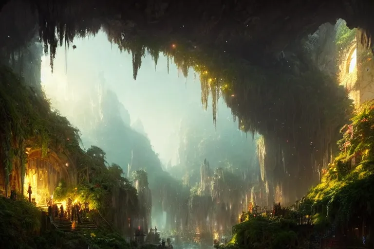 Image similar to City hidden in a cave, natural light, lush plants and flowers, elegant, intricate, fantasy, atmospheric lighting, by Greg rutkowski, trending on artstation