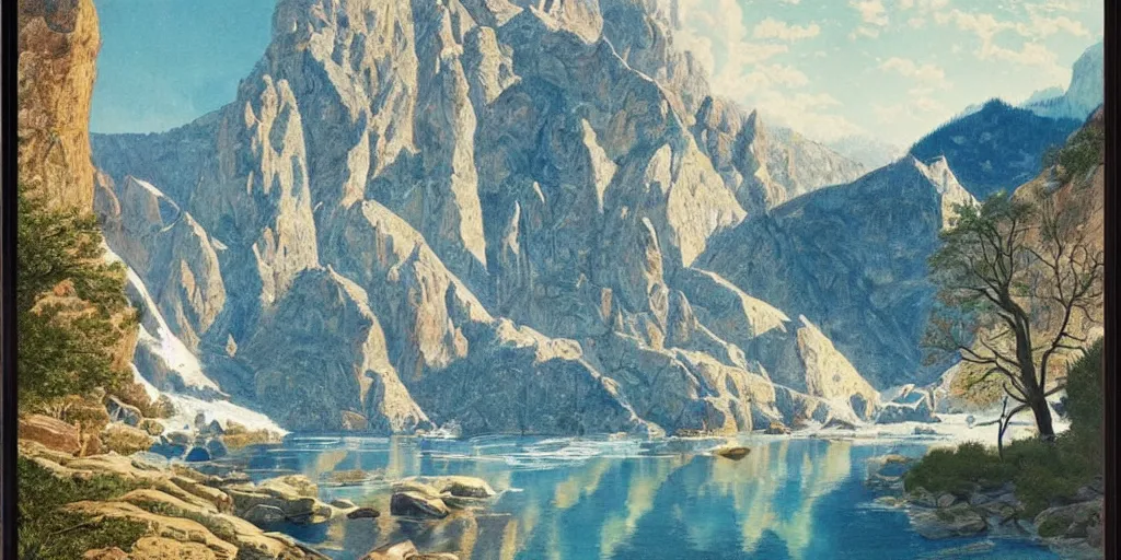 Image similar to beautiful!!!!!!!!!!!! idyllic poster illustration for a craggy ice valley canyon national park by ludwig hohlwein, ludwig hohlwein!!!!!!!!!!