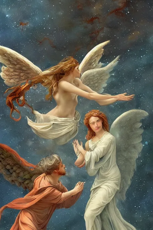 Image similar to angel falling to andromeda, very high resolution images, very fine details, looks very realistic, rennaissance style painting, drawn by yulia iosilzon, and simone graci, plus a touch from raden pious in the depth of color and emotion