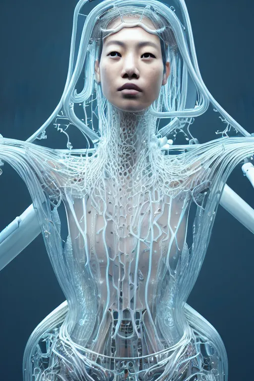 Image similar to young asian woman, iris van herpen, beautiful face, perfect symmetrical body, full body shot, inflateble shapes, wires, tubes, veins, jellyfish, white biomechanical details, wearing epic bionic cyborg implants, masterpiece, intricate, biopunk, vogue, highly detailed, artstation, concept art, cyberpunk, octane render