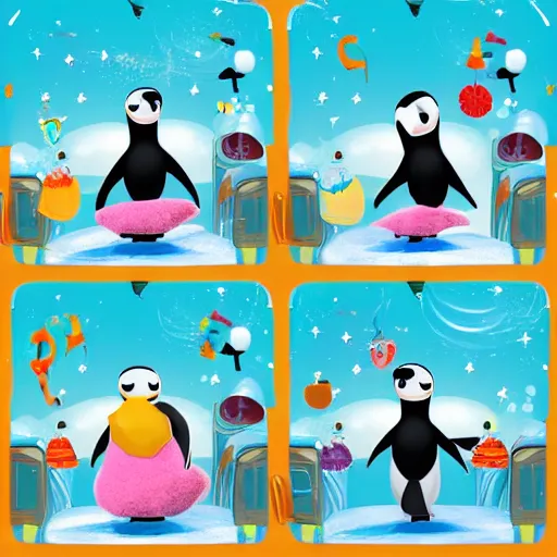 Prompt: pingu playing in a band, festival stage, lots of penguins, robby the seal, photorealistic