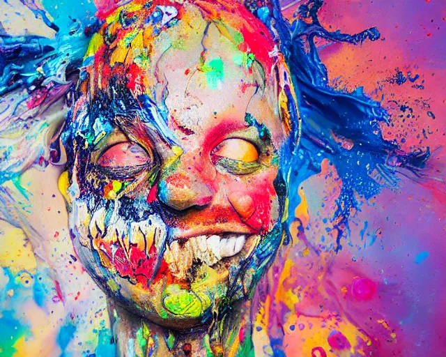 Prompt: abstract expressionist portrait of a head painted with very thick impasto paint and acrylic pour and coloured powder explosion and splashing paint and dripping paint and flying paint chunks, motion blur, hyperrealistic, intricate art photography, anatomically correct, realistic crisp textures, 1 6 k