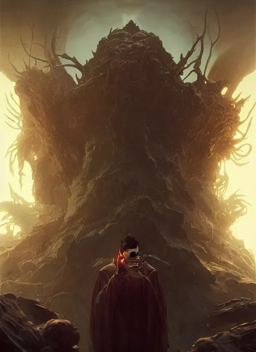 Prompt: the primordial urge, the will to power, photorealistic movie still by michael komarck, greg rutkowski, victo ngai, artgerm, willem claesz heda and j. dickenson