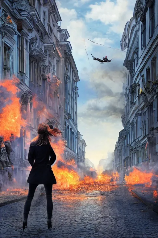 Prompt: in the foreground a street in Saint Petersburg, in the background a blonde woman from the back completely on fire wearing a long matrix-style jacket, realistic, high definition, many details, dramatic scene, detailed and realistic hands, symmetrical face, realistic eyes , art of D&D