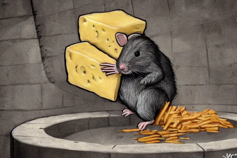 Image similar to a giant creepy rat eating cheese in a sewer, photo - realistic, hyper realism,