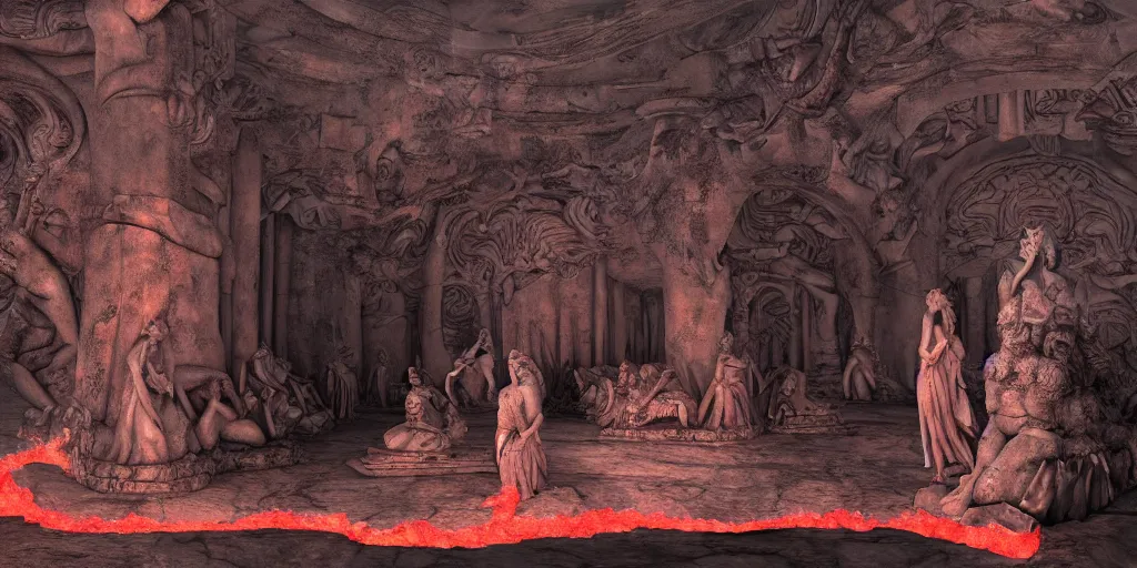 Prompt: greek godess statues in the entrance to the underworld, lava, 8 k detailed, highly detailed matte painting, incredible, trending on artstation,