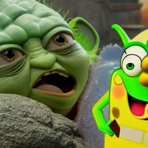 Image similar to yoda and spongebob squarepants spending time together as friends ultra realistic, high efinition, 8k