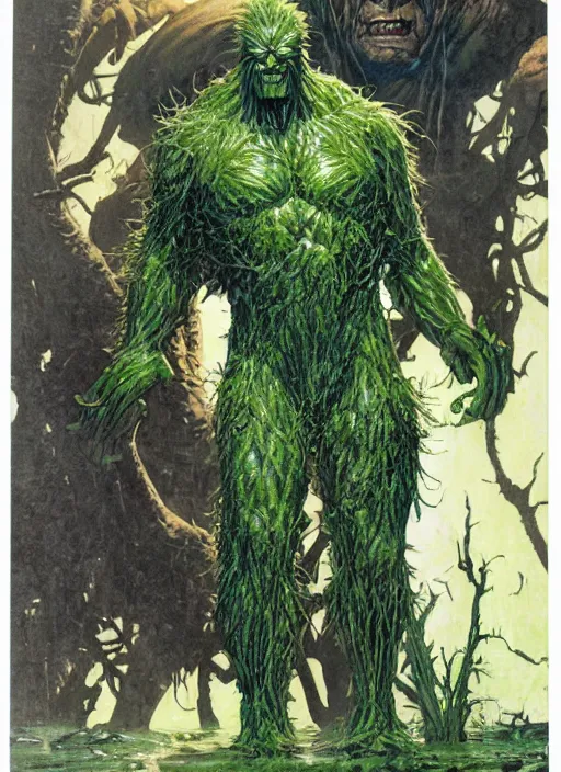 Prompt: full body and head portrait of marvel's swamp thing, dynamic action, painted by norman rockwell and phil hale and greg staples and tom lovell and frank schoonover and jack kirby