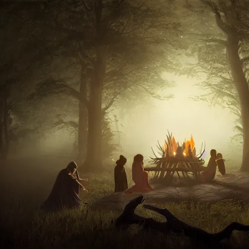 Prompt: A panoramic photograph of witches dancing in robes and drinking around a campfire at night in a misty forest grove, large landscape with a village in the valley, stars overhead, glowing eyes in the dark, by Greg Rutkowski, 4k photorealistic, volumetric lighting, HD, high details, dramatic, trending on artstation