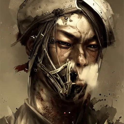 Image similar to Sickly diseased dying Samurai warrior, portrait by Cedric Peyravernay, highly detailed, excellent composition, cinematic concept art, dramatic lighting, trending on ArtStation