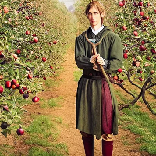 Image similar to portrait of a slender elven man, standing in an apple orchard, dressed in medieval style, sharp features, very handsome, dungeons and dragons