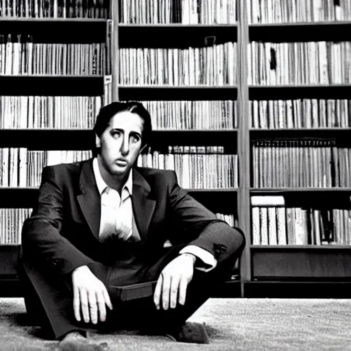 Image similar to michael corleone, dejected, sitting on a pile of xbox consoles, in front of a shelf of video game cd