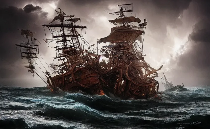 Prompt: “ a pirate ship in a treacherous lightning storm being attacked by a colossal seamonster, by igor morski, by peter morbacher, by robert hubert, rendered in octane, 8 k resolution, photorealistic, realistic shadows, trending on artstation ”