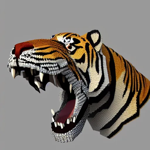 Image similar to voxel art of a tiger and crocodile hybrid, orthographic, 4k, blender render