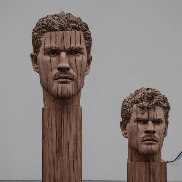 Image similar to 2 0 0 ft sculpture geometric minimalist!!! accurate portrait of chris hemsworth, beautiful symmetrical!! face accurate face detailed face realistic proportions, hand - carved out of red oak wood on a pedestal by stephan balkenhol and martin puryear, cinematic lighting shocking detail 8 k