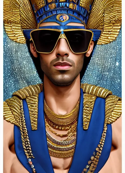 Prompt: muscular Egyptian pharaoh Zayn Malik grinning and wearing cholo sunglasses and a heavy bejeweled gold crown with huge blue diamonds on his head while shirtless and wearing a thick gold blue diamond chain around his neck, blue diamonds, a white falcon on his shoulders, steelpunk, ghibli studio, nekro, Tom Bagshaw, Craig Mullins, octane 8k, by brian froud, Trending on ArtStation