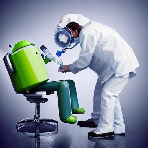 Image similar to a scientist standing over an android. the android is sitting in a dentist's chair. a white viscous liquid is pouring from the scientist's mouth like a river, into the mouth of the android. 3 5 mm 8 k hdr realistic