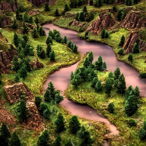 Prompt: serene landscape with a river in the style of a warhammer 4 0 k battlefield, tiltshift view