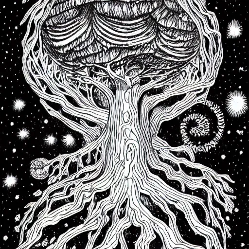 Image similar to black and white ink doodle illustration of an ancient tree floating in outer space, overgrown with funghi, style by peter deligdisch, peterdraws