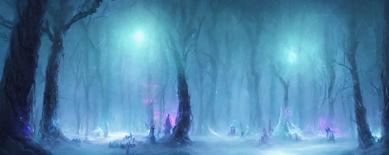 Image similar to beautiful concept art of a magical lights glowing with different colours everywhere in the centre of blizzard in an enchanted beautiful forest painted by Daisuke Tsutsumi, fantasy art, disney art illustration, trending on artstation, cgsociety, nice composition, great fantasy mood