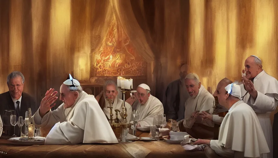 Image similar to the pope at a shabbat dinner, hyperdetailed, artstation, cgsociety, 8 k