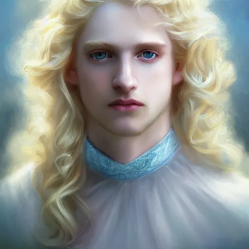 Prompt: Portrait of magical blond prince, very very very very pale white skin, long curly blond hair, dreamy and ethereal, pastel blue eyes, peaceful expression, ornate frilly regal shirt, fantasy, intricate, elegant, dynamic lighting, highly detailed, digital painting, artstation, concept art, smooth, sharp focus, illustration, art by artgerm and greg rutkowski and alphonse mucha